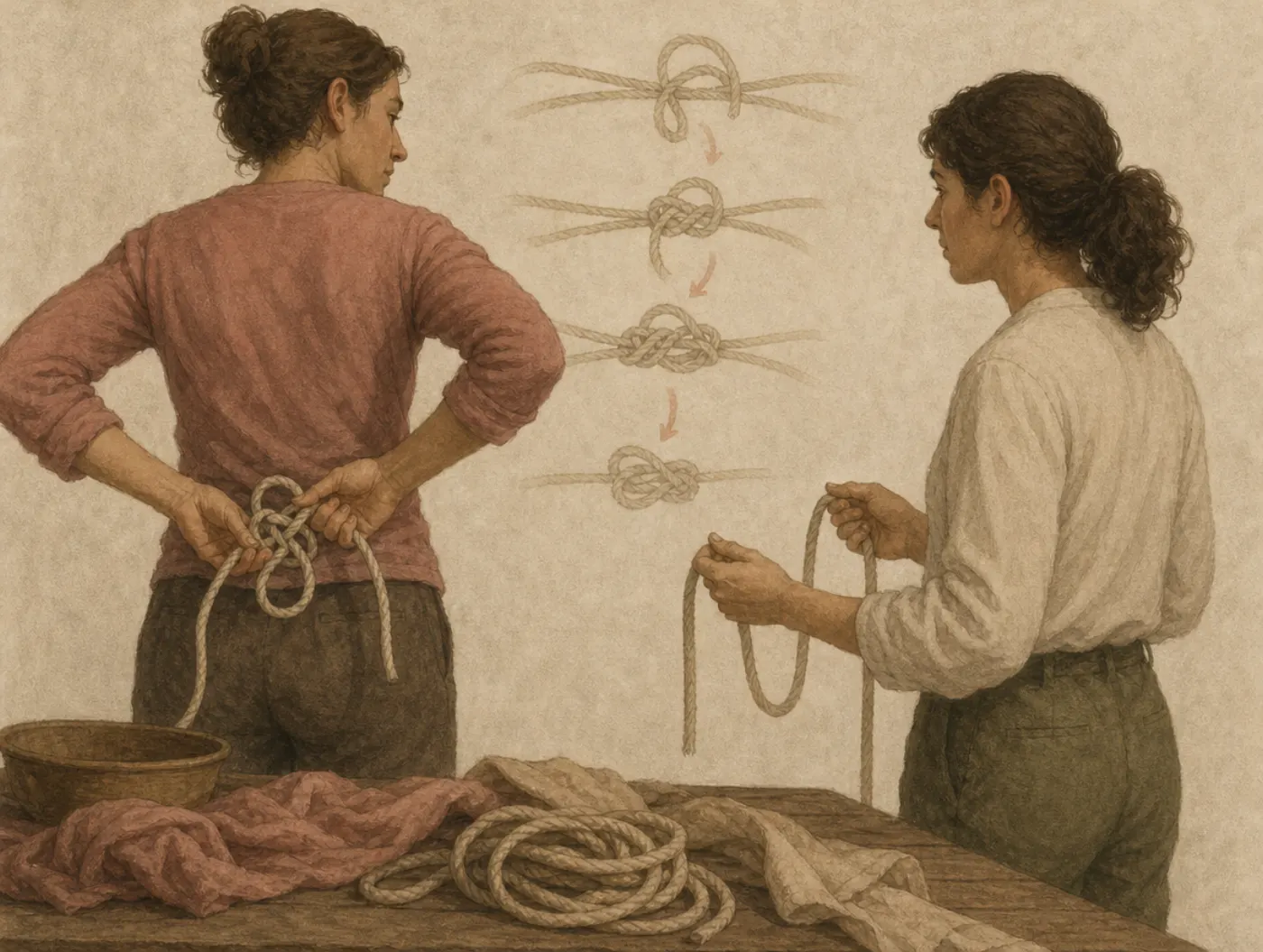 An expert ties an intricate knot behind her back and expects a novice holding two loose rope ends to copy it, the hidden steps floating on the wall.