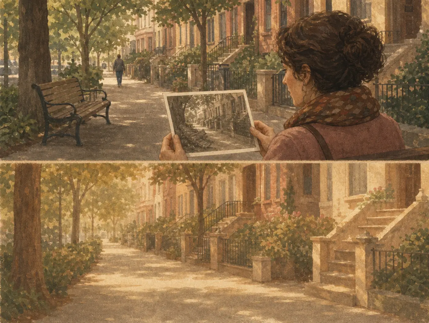 Declinism: the remembered street is warmer than the photo of it Two panels: on a tidy street a woman holds an old photo of it with a broken bench; below, her golden recollection of that time has no broken bench.