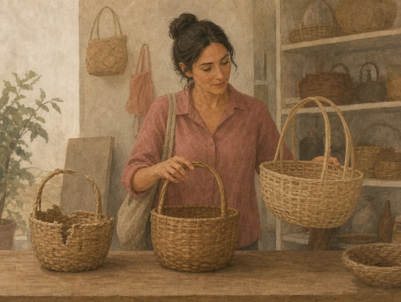 Decoy effect: the broken twin makes the compact basket the obvious pick A shopper's hand settles on an intact compact basket between a larger, lighter basket and a third basket of the same compact size with its rim broken.