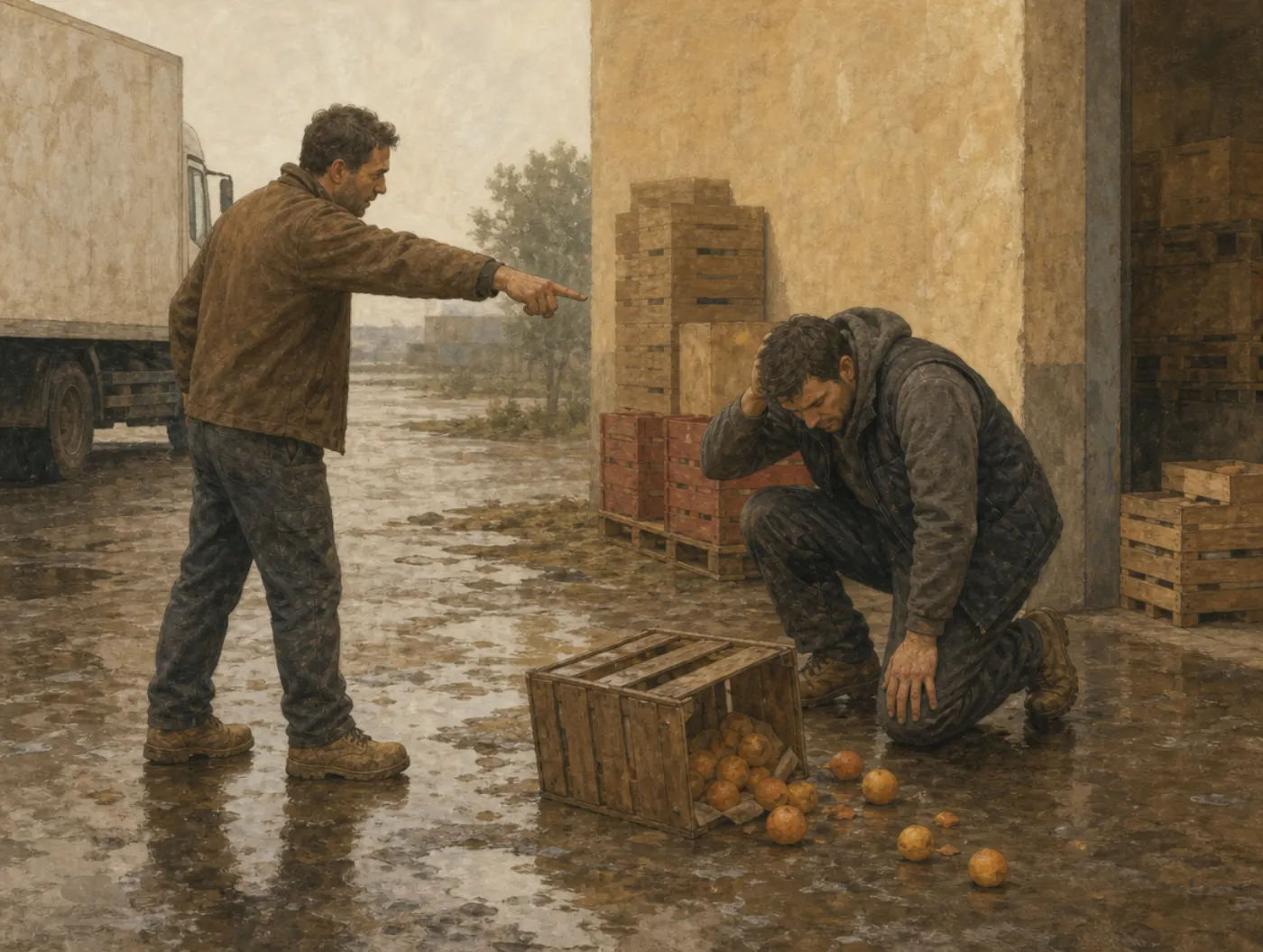 In a muddy yard a man points hard at a kneeling worker beside a tipped crate of oranges, both in the same boots on the same slick ground.