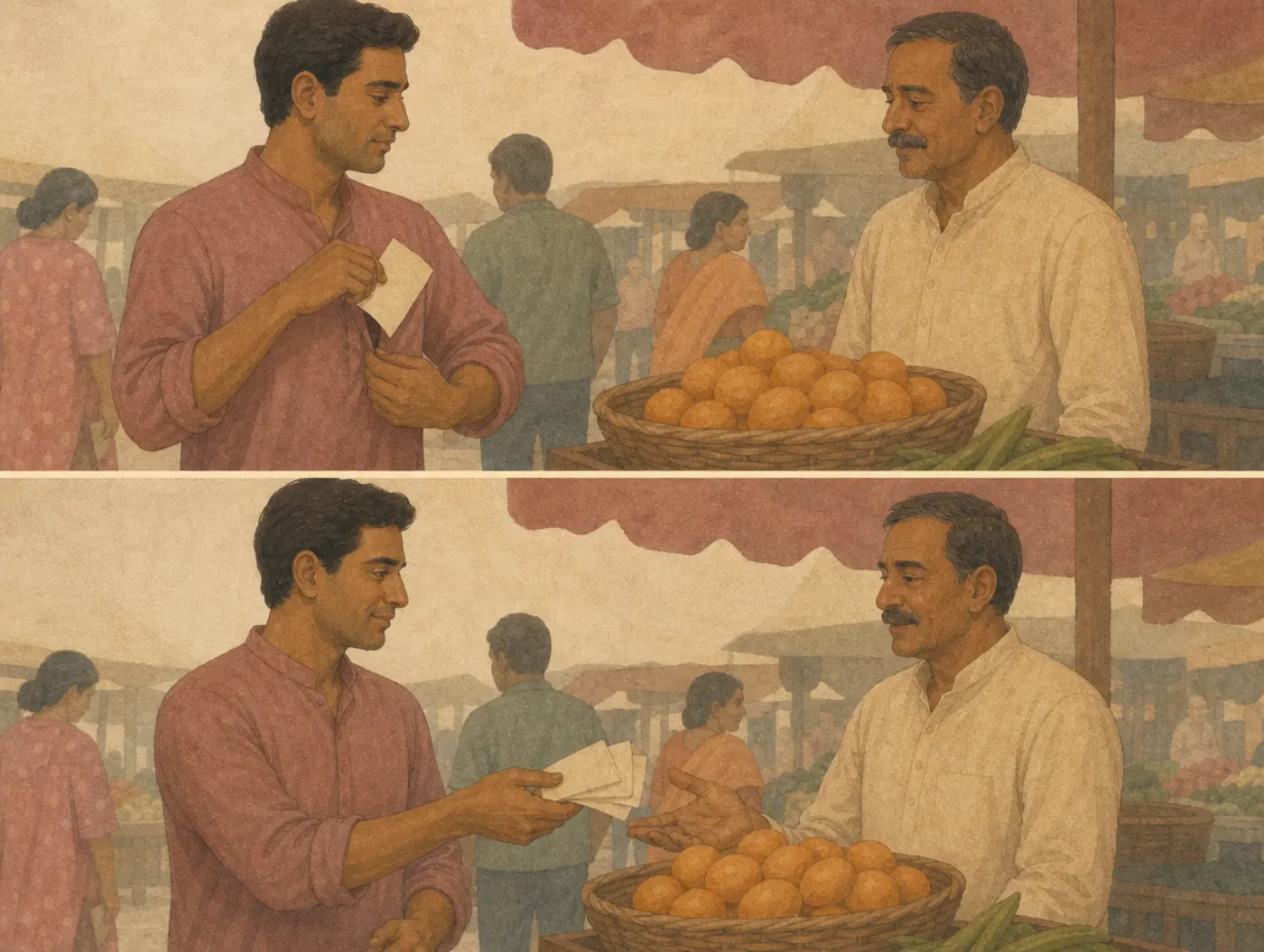 Two panels at one fruit stall: a man keeps a single large banknote in his pocket and buys nothing; below he readily hands over several small notes.