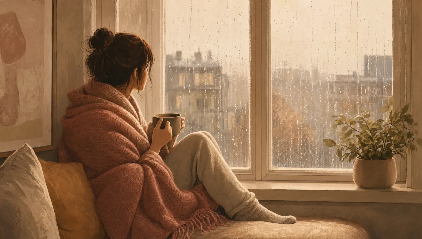 Illustration of a person wrapped in a blanket on a window seat holding tea while rain runs down the glass