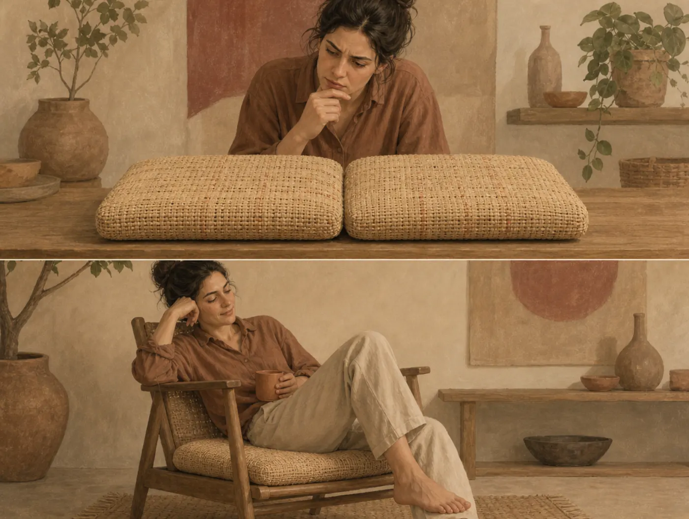 Distinction bias: a difference that vanishes once the chair is yours Two panels: a woman frowns over two nearly identical woven cushions set side by side; below, she lounges contentedly in a chair with just one of them.