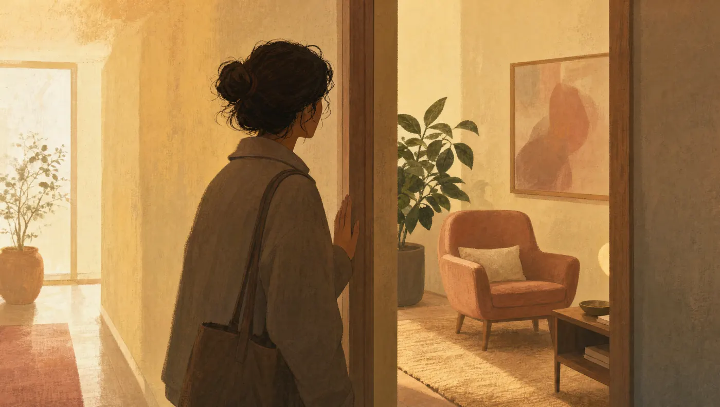Illustration of a person pausing at an open doorway looking into a warm office with an armchair