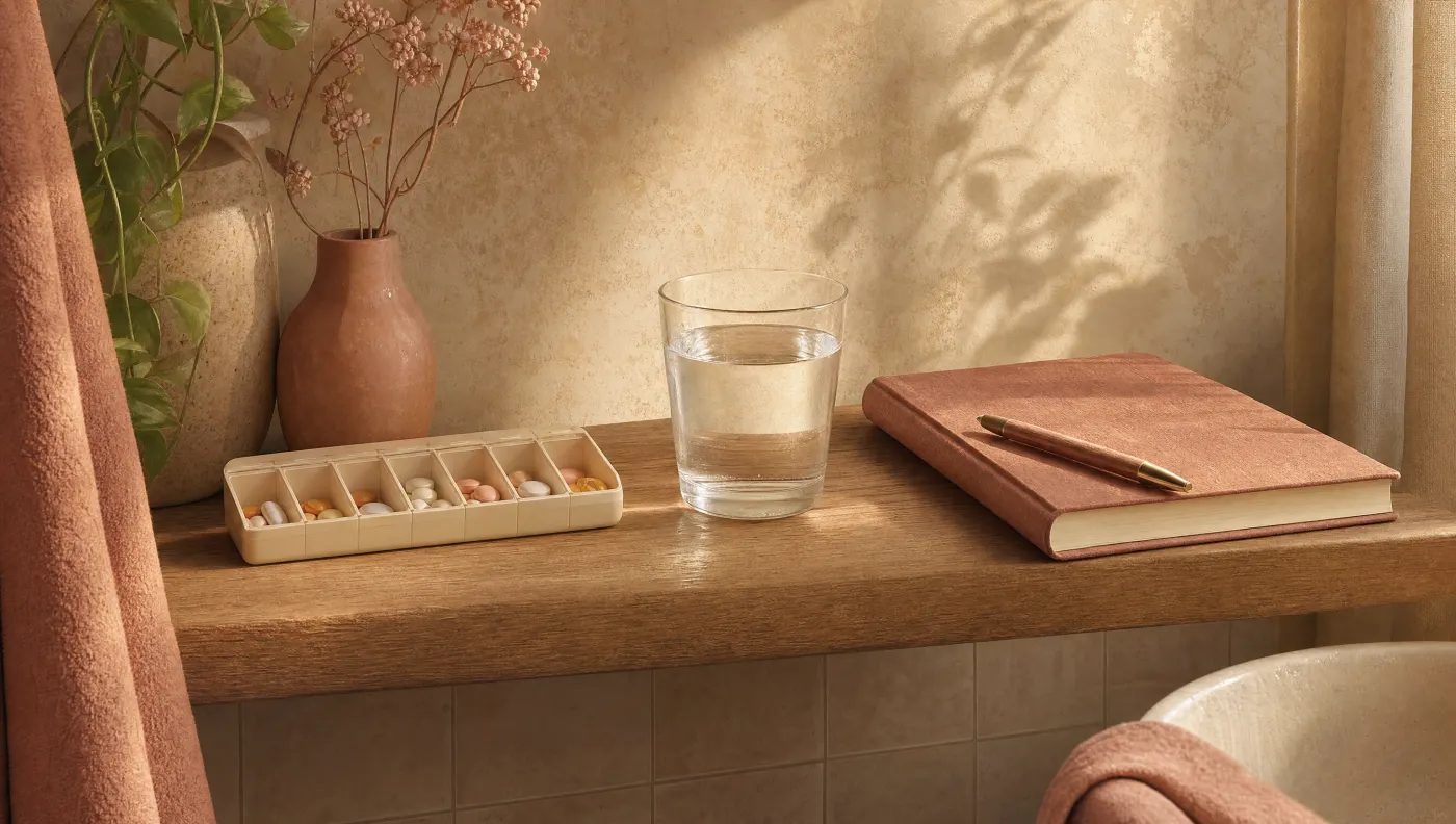 Illustration of a bathroom shelf with a pill organizer on one side and a closed journal on the other