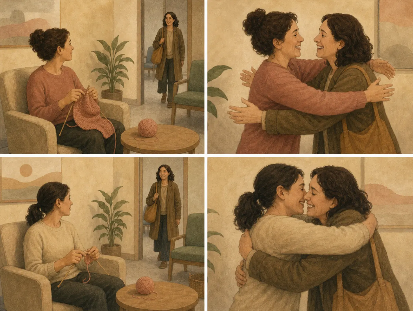 Duration neglect: a long wait and a short one, remembered alike Four panels: two waiting-room visits end in the same warm hug, one after a nearly finished scarf of knitting, the other after a barely started one.