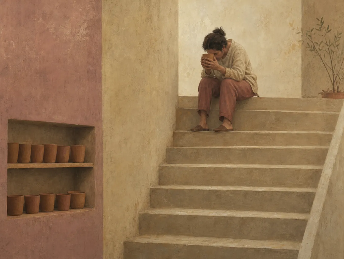 A woman slumped at the top of a long stairway cradles a plain clay cup to her face while a shelf of identical cups sits unattended at the bottom.