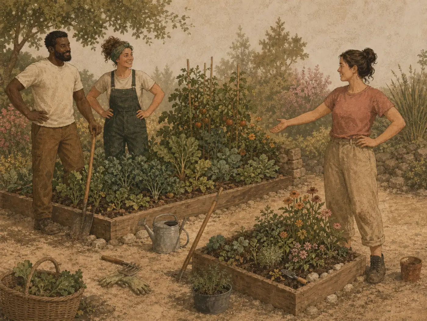 Egocentric bias: her own corner of the garden looms largest A gardener gestures proudly at her small flower bed while two colleagues stand in the far larger vegetable bed they planted.