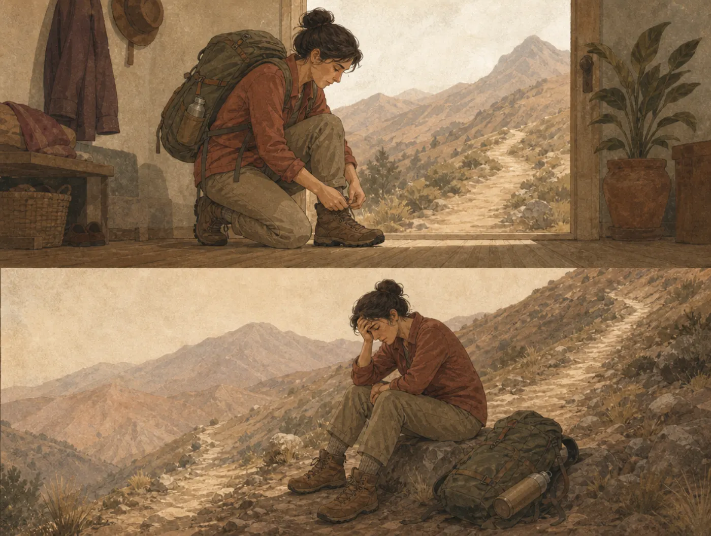 Empathy gap: the plan made at the door, the body on the hill Two panels: a rested hiker laces her boots at a door with a steep trail beyond; halfway up that trail, she sits slumped with her head in her hand.