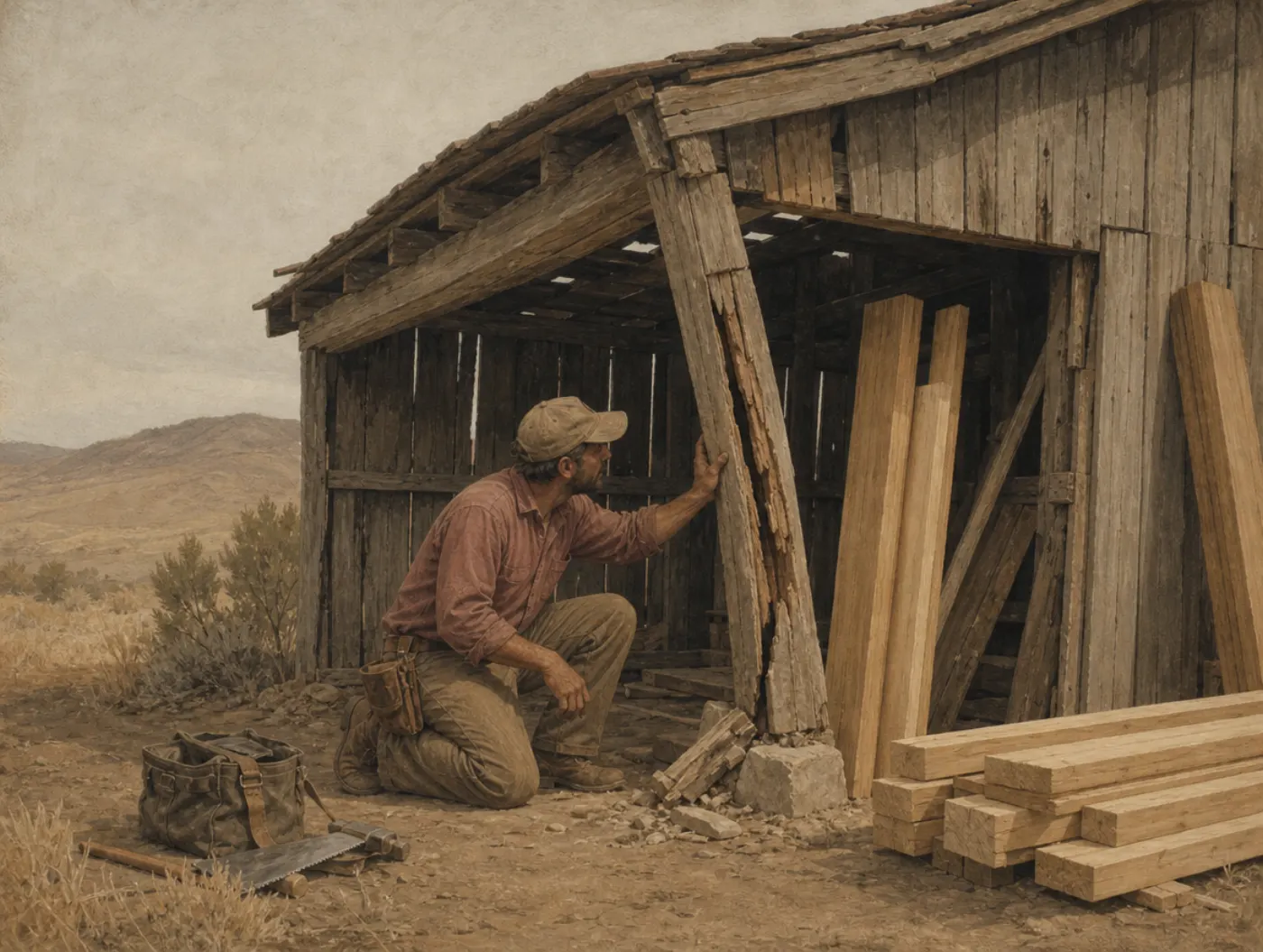 A builder kneels at a sagging shed, his hand on a freshly split post, while new timber waits beside it and open ground lies empty behind him.