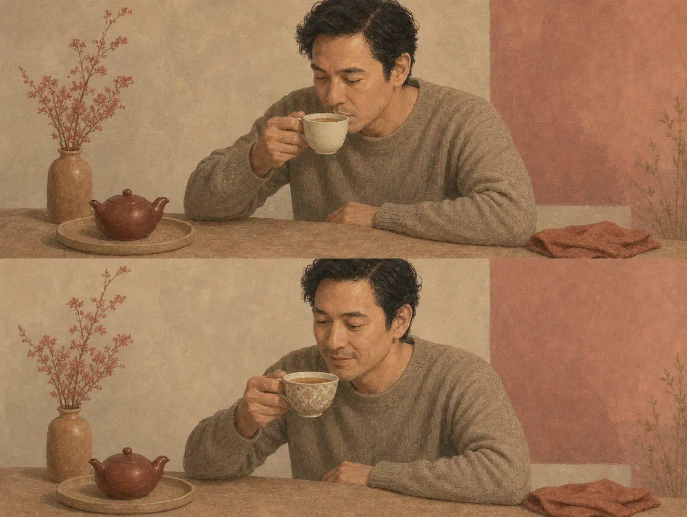 Two panels: a man sips tea from a plain white cup with a neutral face; below, with the same pot and the same tea in an ornate cup, he sips and smiles.