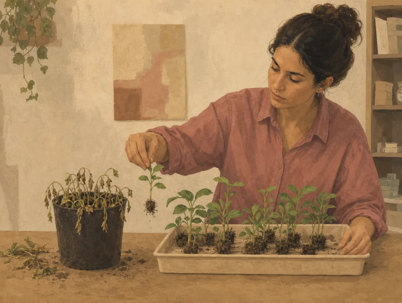 Experimenter's bias: the failures quietly leave the display tray A researcher lifts a wilted seedling out of a tray of healthy ones and holds it over a pot already full of wilted seedlings from the same batch.