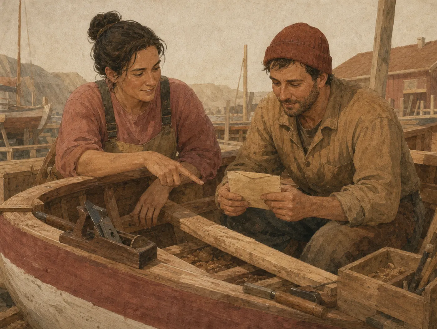 Two boatbuilders in a half-planked hull: the woman rests a hand on her own joinery and points at the man's pay envelope; both look equally absorbed.