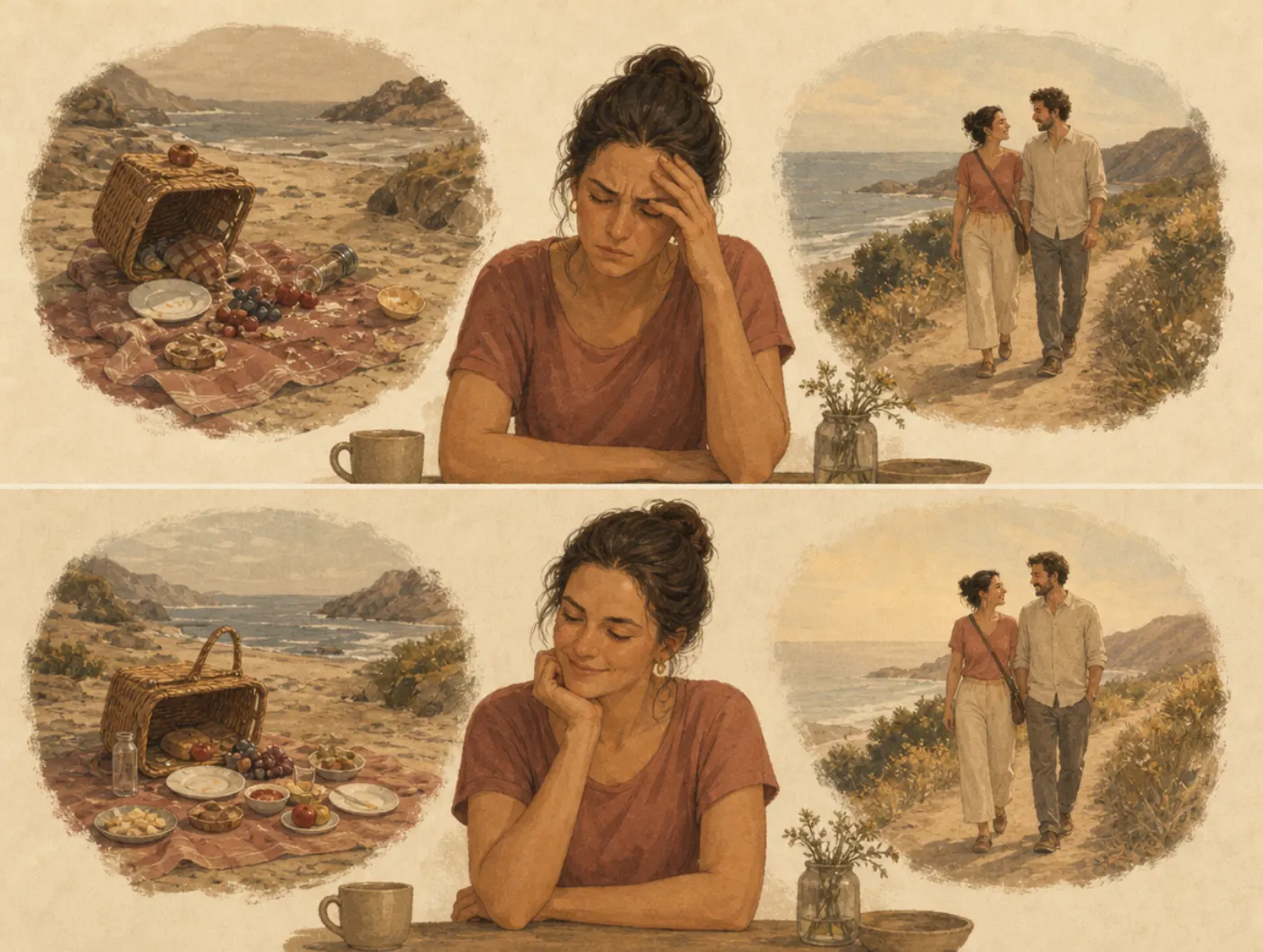 Fading affect bias: the sting fades, the warmth stays Two panels: a woman between memories of a spilled picnic and a beach walk, first with her head in her hand, later with a soft smile.