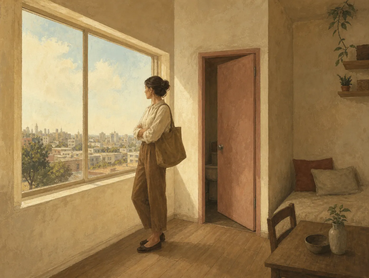 A home seeker gazes out of a huge sunlit window at the city, while the cramped room behind her, narrow bed and awkward bathroom door, goes unexamined.