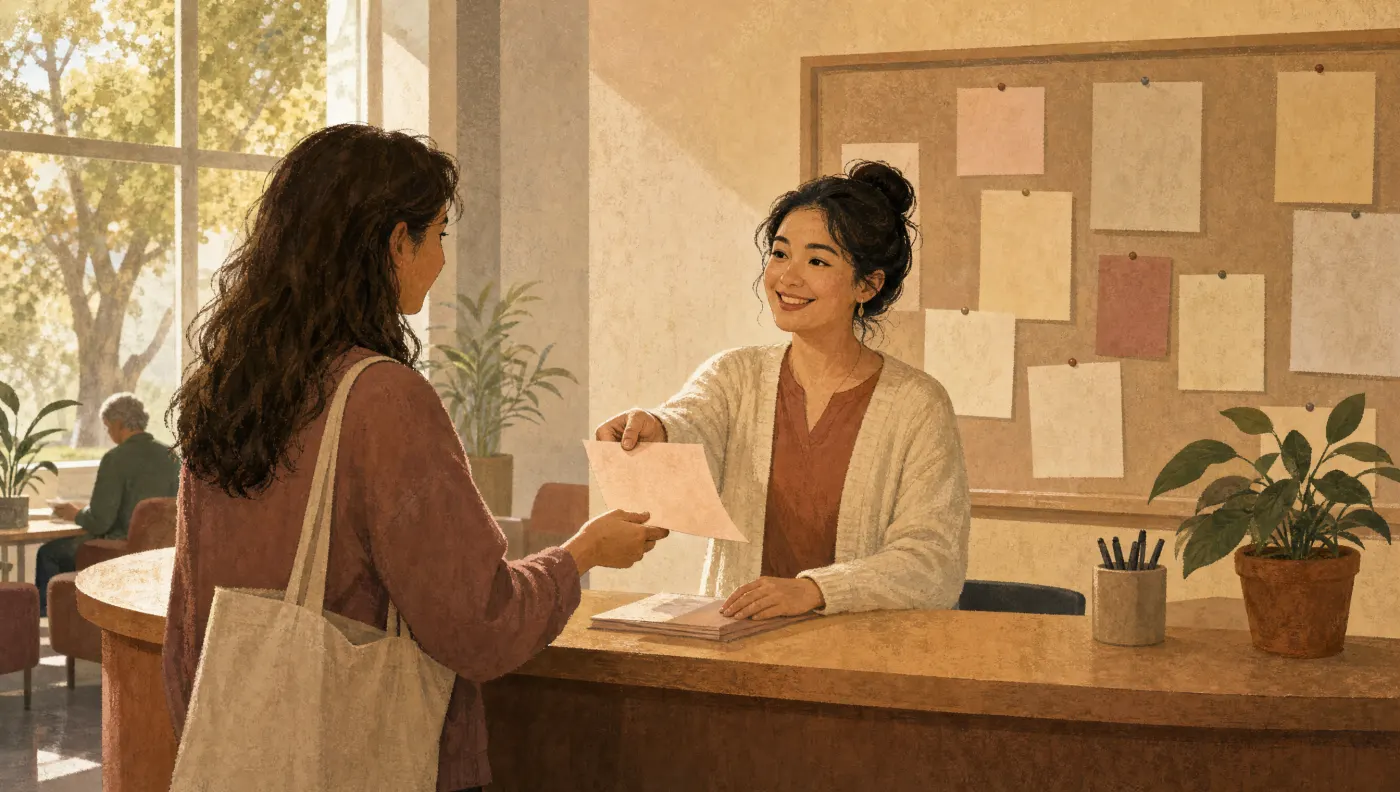 Illustration of a community center front desk where a receptionist hands someone a leaflet