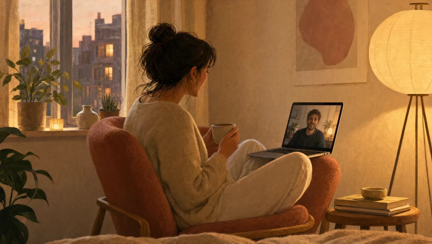 Illustration of a person in a small apartment on a video call on a laptop in the evening