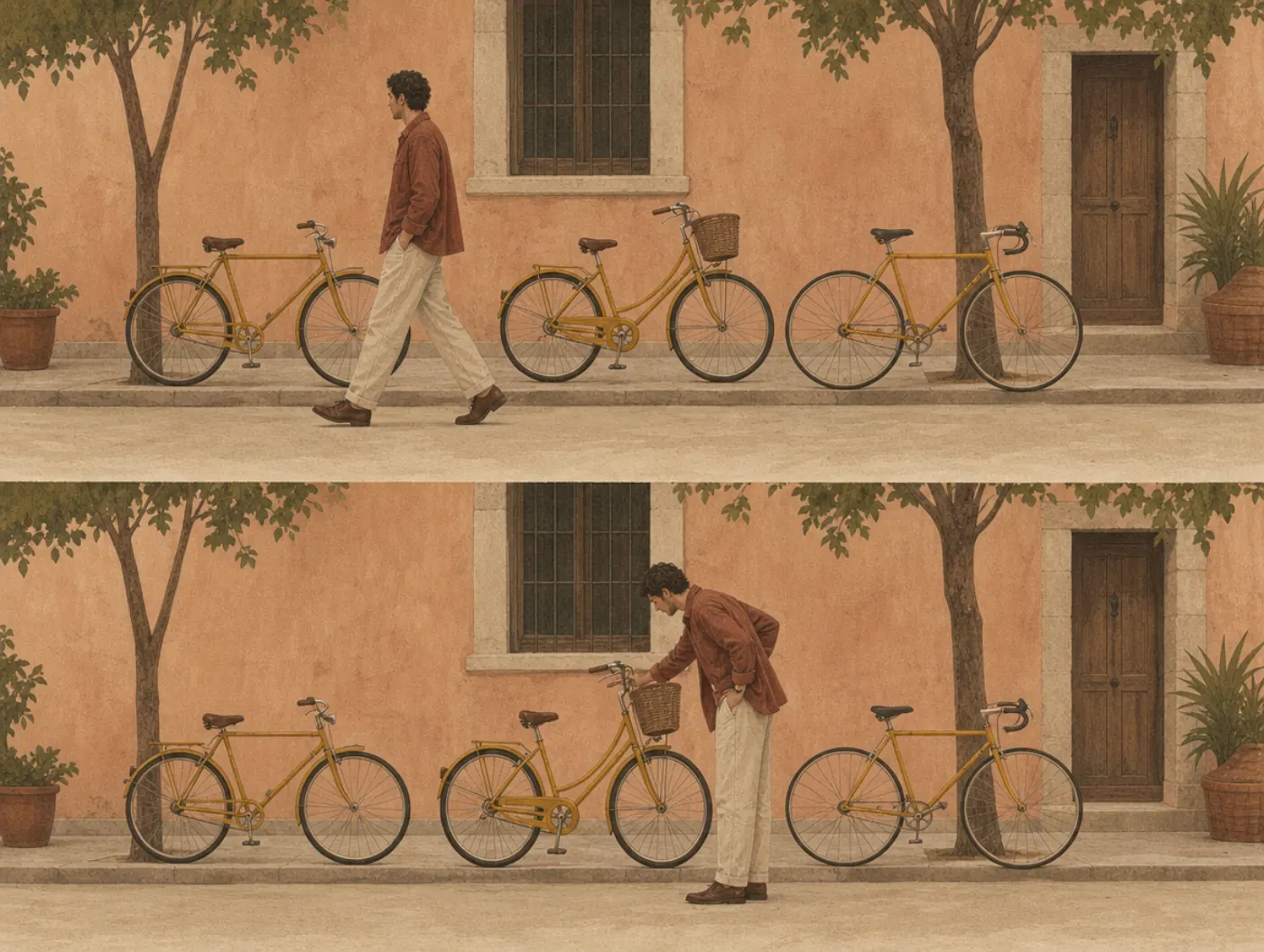 Frequency illusion: the bicycles did not multiply, the noticing did Two panels of the same street with three ochre bicycles: a man strolls past without a glance; below, he stoops to inspect one with sudden interest.