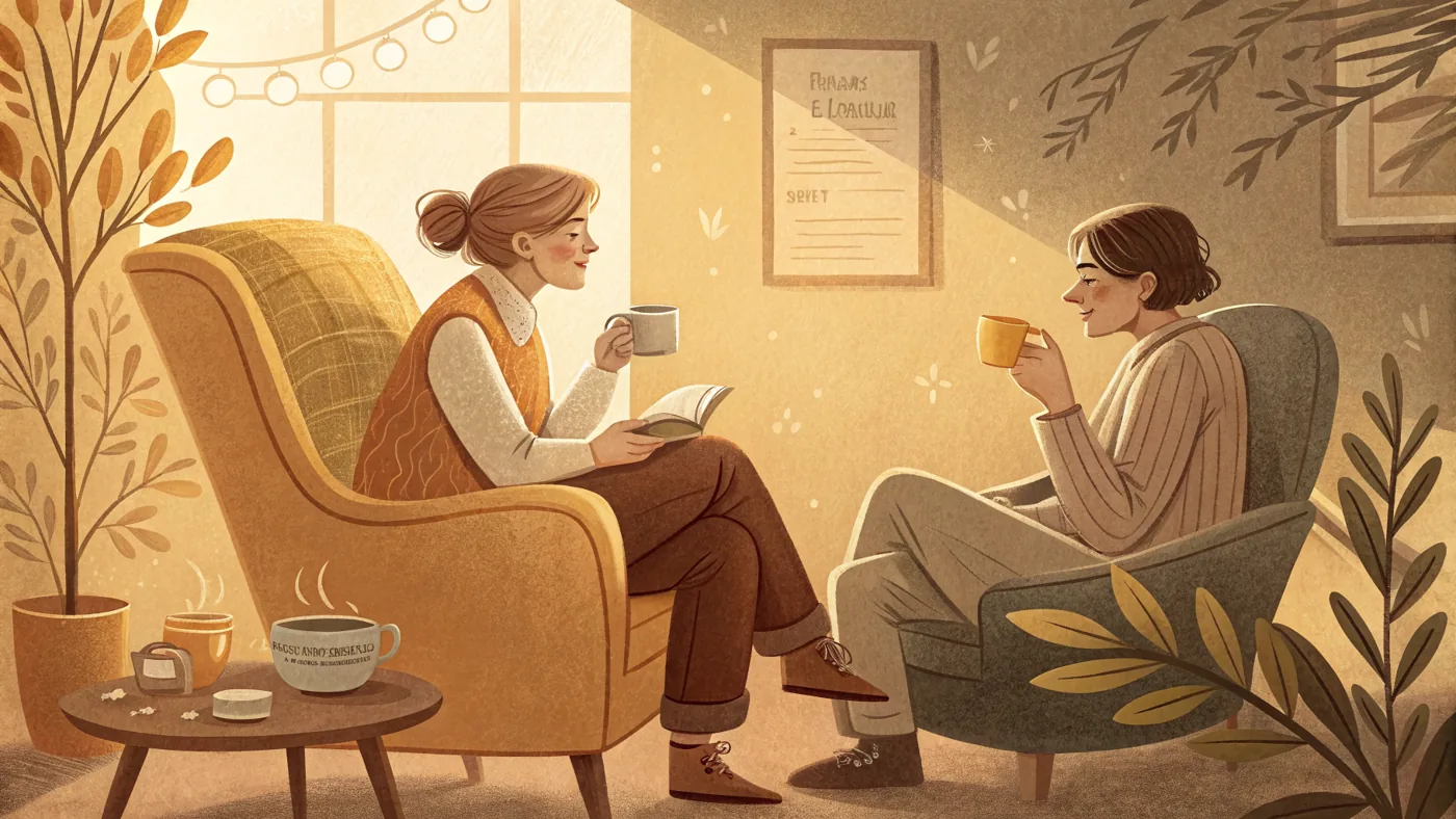 Illustration of a client and therapist in conversation during a psychotherapy and counseling session.