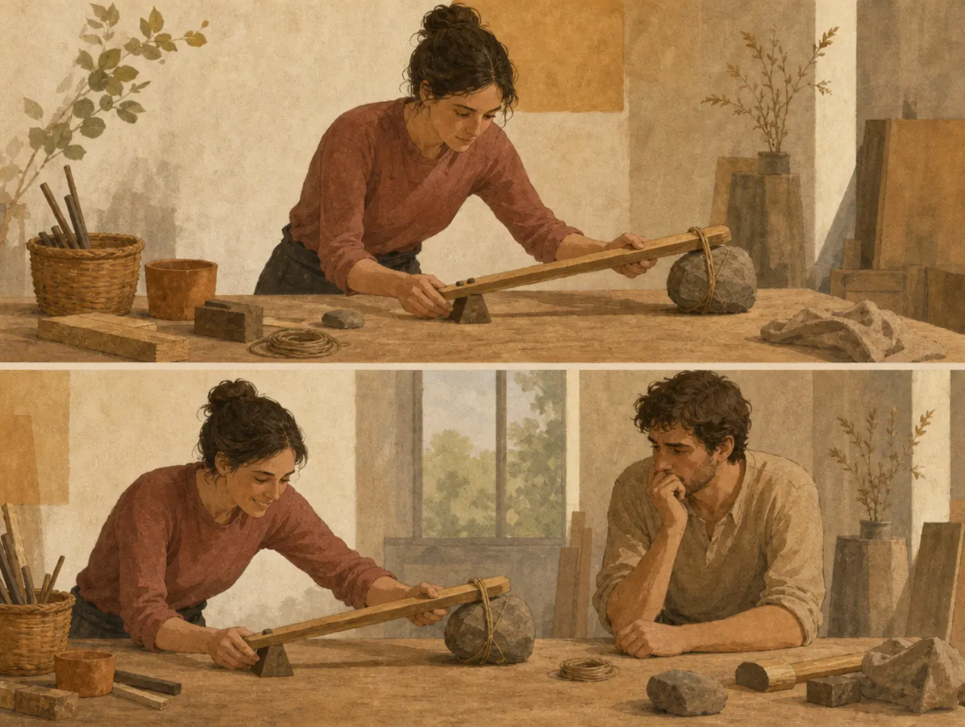 Two panels: a woman works out a plank-and-wedge lever with a bound stone; later she rebuilds it easily while the man who only watched sits stuck.