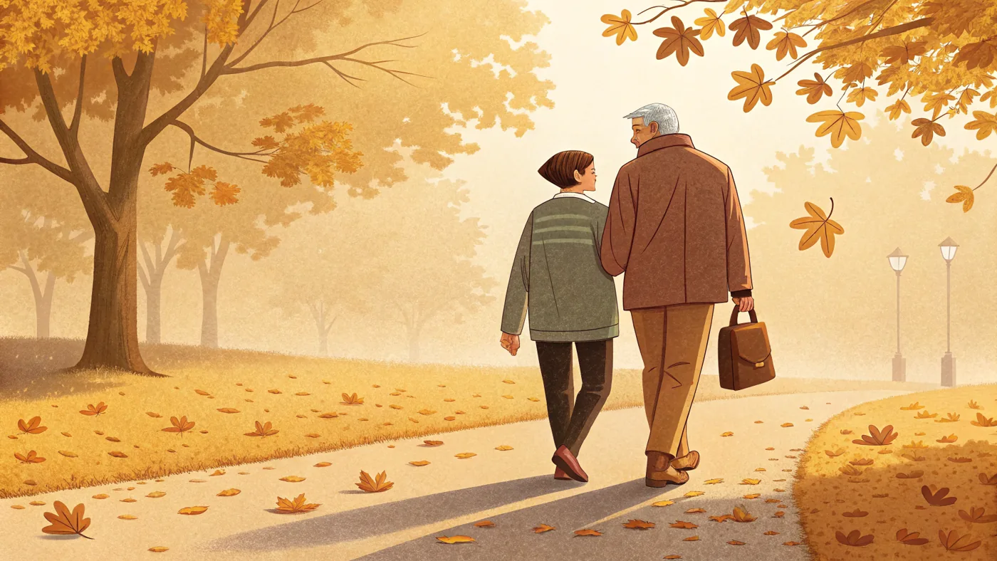 Illustration of an older adult and a loved one connecting, representing geriatric mental health and wellbeing in later life.