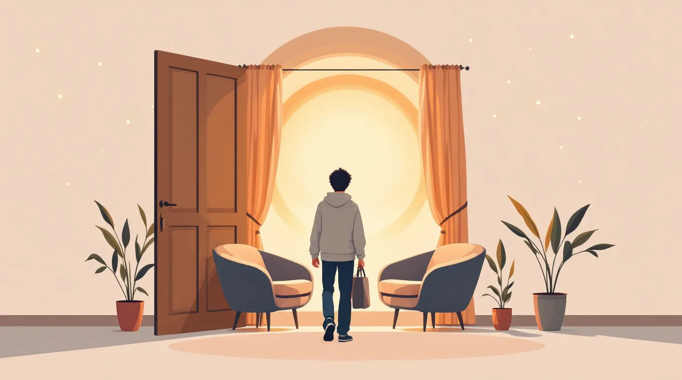 Illustration of a person stepping into a warm, welcoming therapy room with two armchairs
