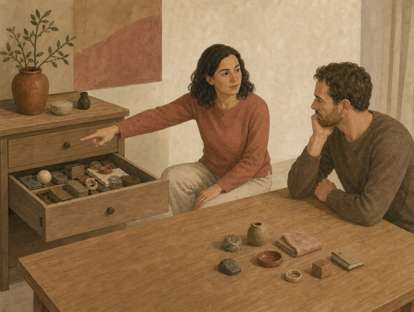 A woman points confidently at the drawer where the objects are kept, while her attempt to lay out its contents from memory yields only a few items.