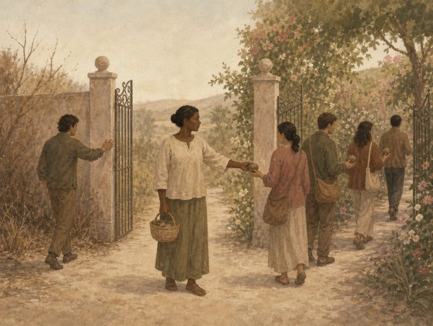 A group files out through the right-hand garden gate while one member still reaches for the left gate; a woman hands each person the same item anyway.