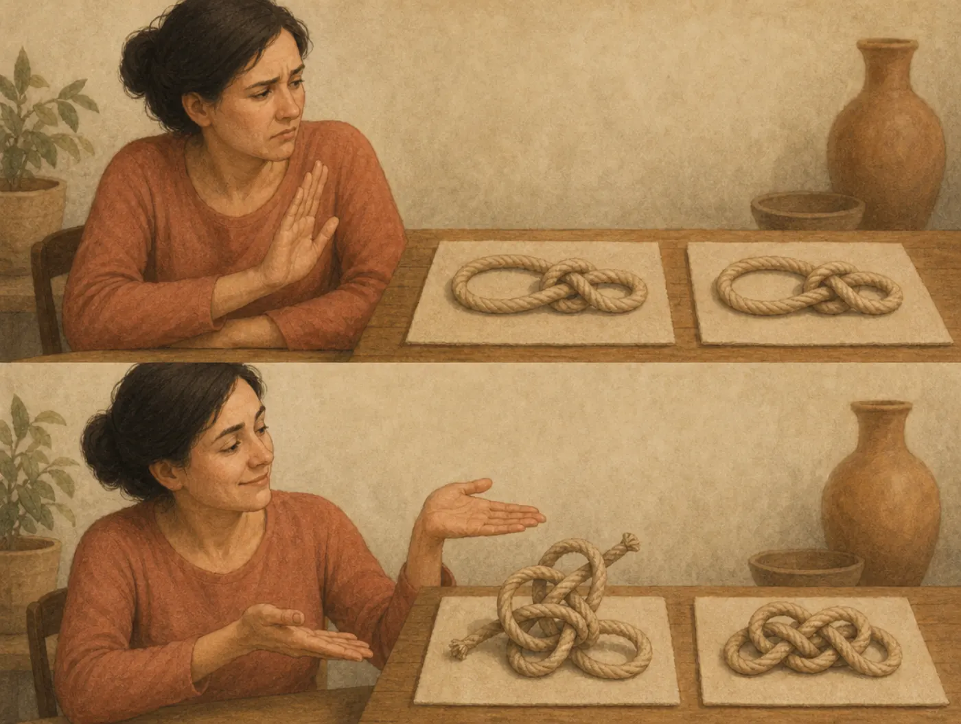Two panels: a woman waves away a simple knot that matches its model exactly; below she proudly presents a complex knot that differs from its model.