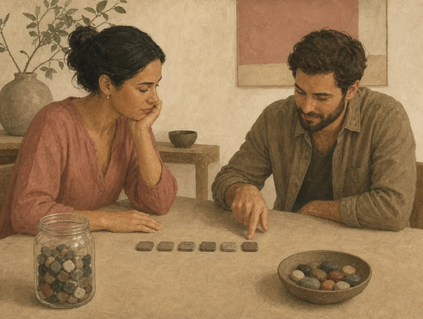 After six square pebbles drawn in a row from a mixed jar, a man points confidently to the spot for a seventh square, round pebbles in a bowl nearby.