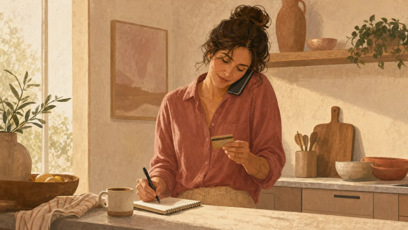 Illustration of a person on the phone at a kitchen counter holding an insurance card and taking notes