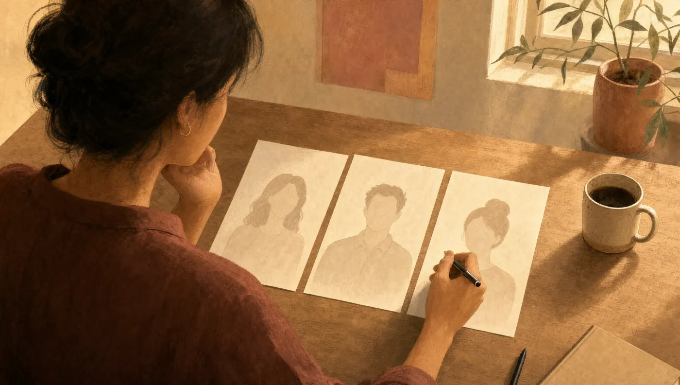Illustration of a person at a desk comparing three printed therapist profiles side by side