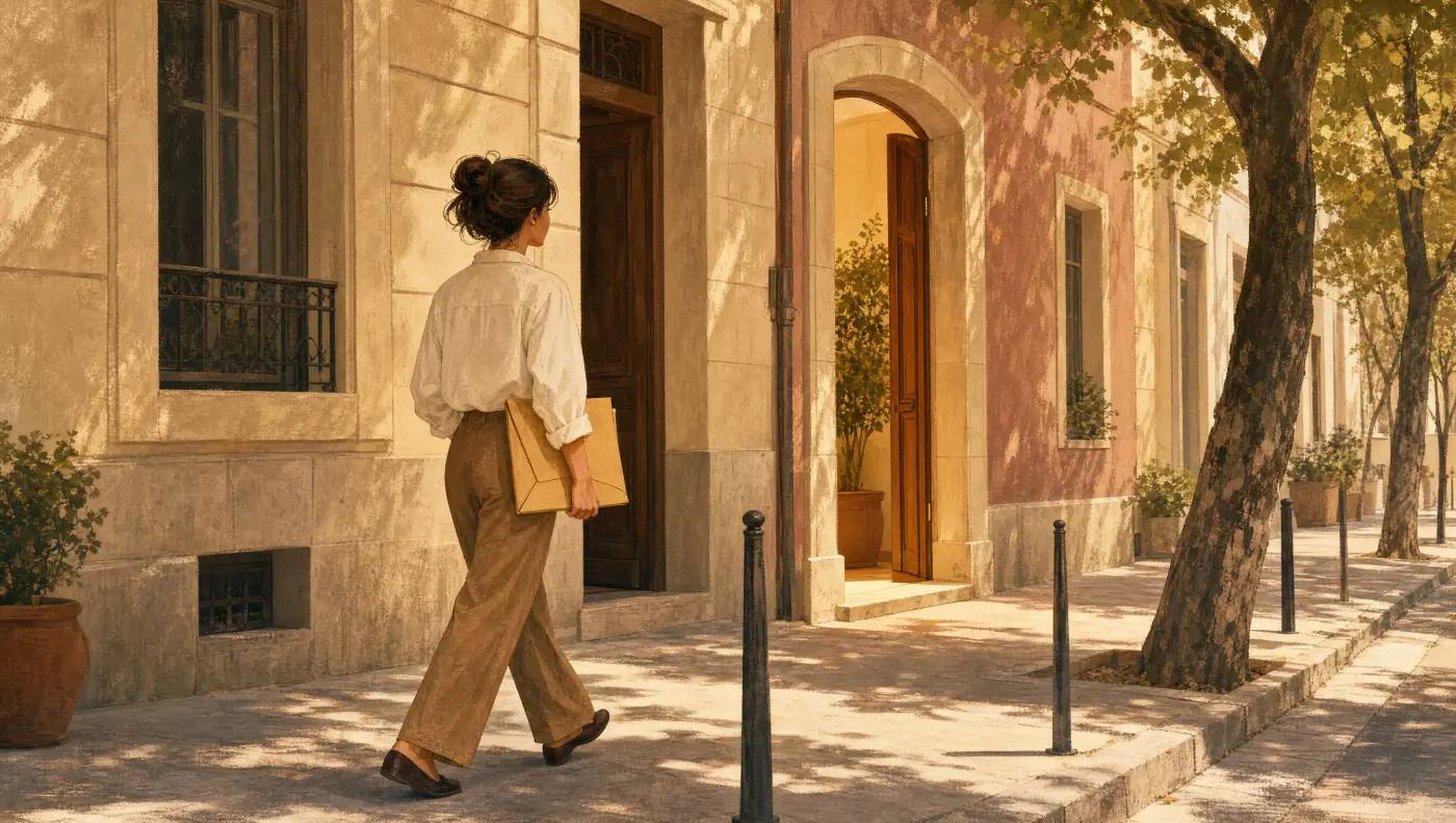 Illustration of a person carrying a folder along a sunlit street from one doorway toward another