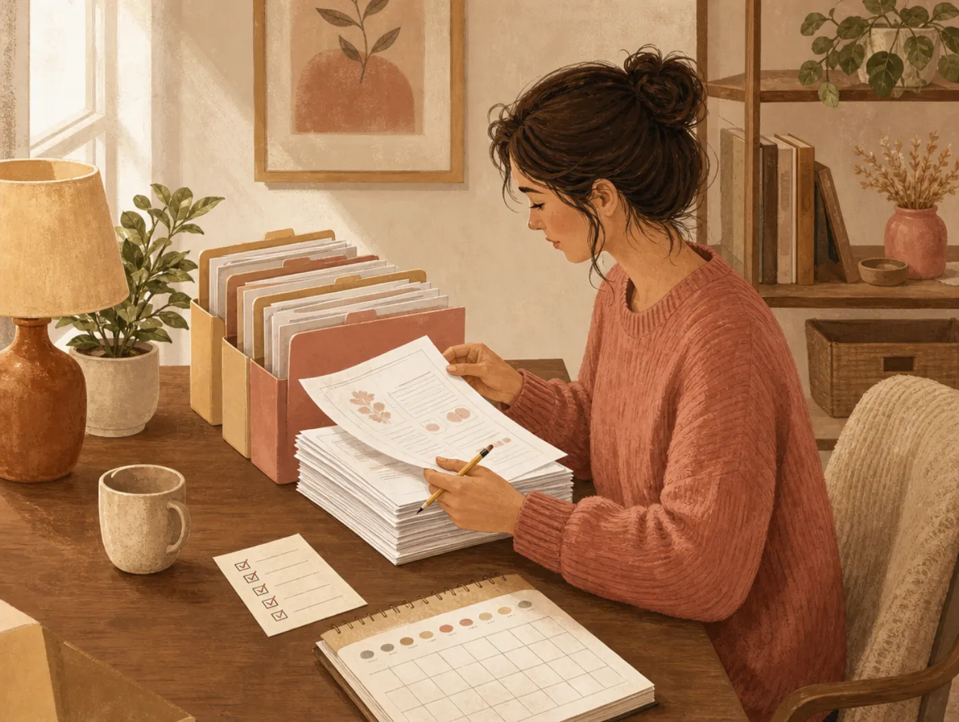Free psychology tools, worksheets and exercises: a person at a desk sorting printed worksheets into labeled folders with