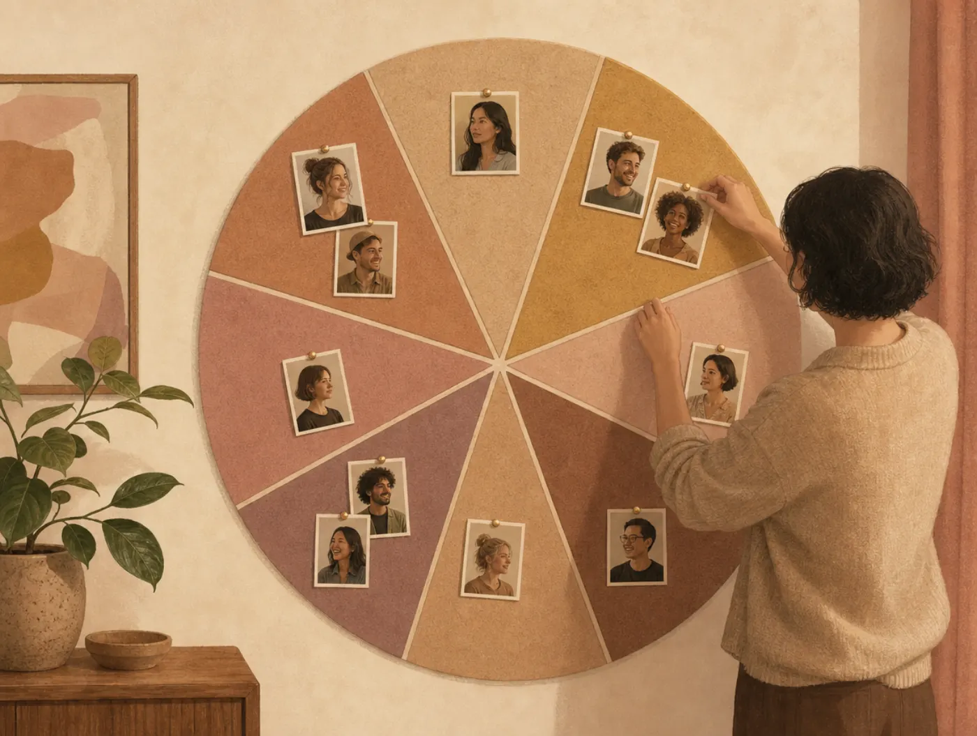 Personality types: pinning portrait photos into nine wedges of a circular sorting chart