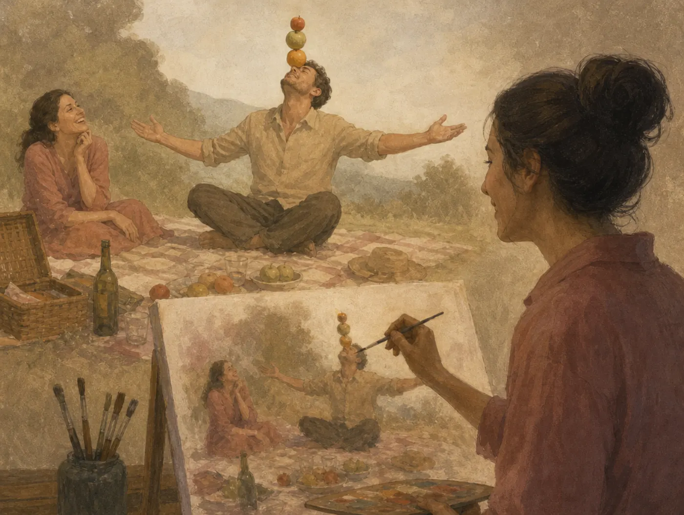 A painter recreating a picnic from memory renders her friend's fruit-balancing act in sharp detail while the plates around it stay faint.