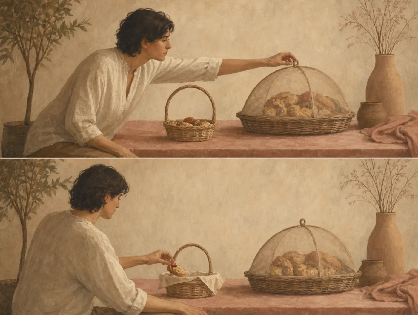 Hyperbolic discounting: the larger reward loses once the small one is now Two panels: a man reaches past a small basket to uncover a large basket of pastries; later, with the small basket open, he takes from it instead.