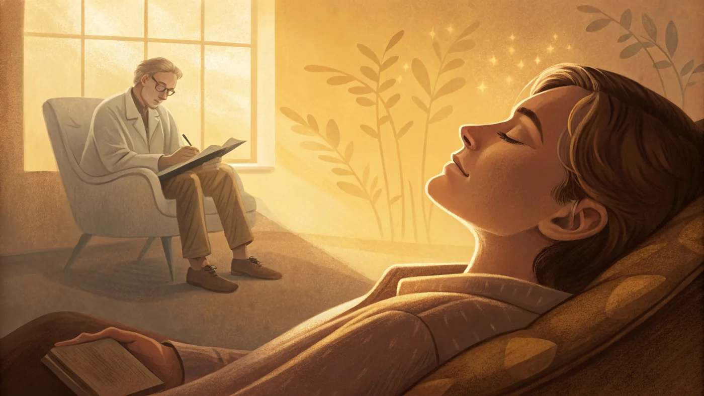 Illustration of a person in a relaxed, focused state during a clinical hypnotherapy session with a clinician.