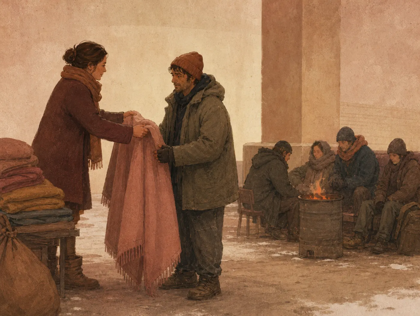 A volunteer hands a blanket to the one man before her while four equally cold people huddle around a barrel fire behind, the blanket pile untouched.