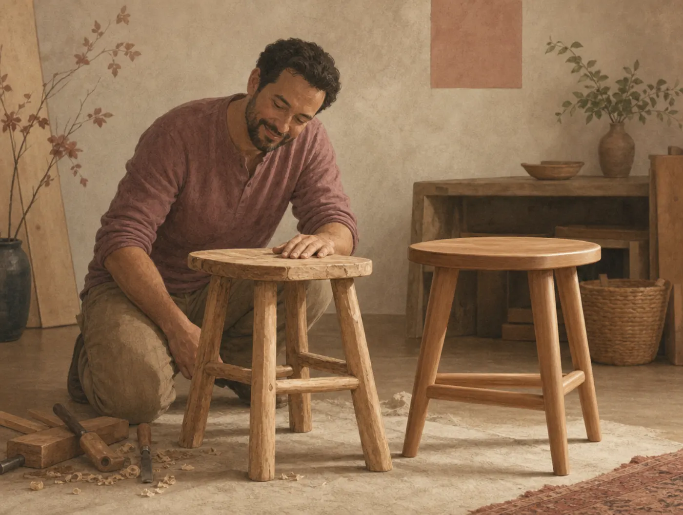 IKEA effect: the wobbly stool he made is the one he loves A man kneels beside the uneven stool he built, hand resting on it fondly, tools at his feet, while a smoothly finished stool stands ignored beside it.