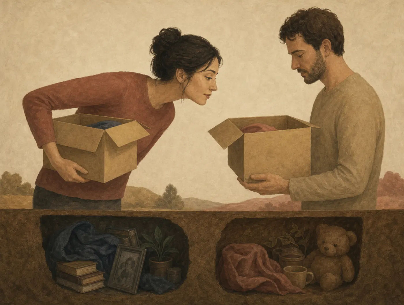 Illusion of asymmetric insight: sure she sees into him, sure he cannot see her A woman peers into a man's open box while keeping her own box tucked under her arm; a cutaway below shows both boxes hold more than either can see.