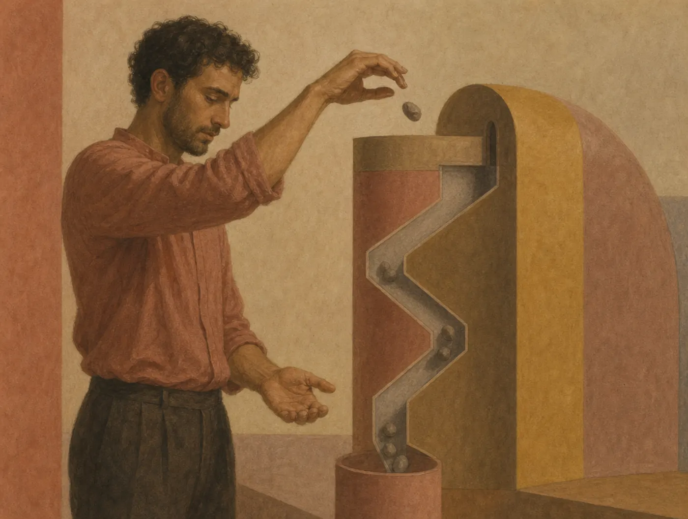 Illusion of control: a ritual over a chute that decides for itself A man makes an elaborate hand flourish as he drops a pebble into a zigzag chute, where earlier pebbles are tumbling at random toward the cup below.