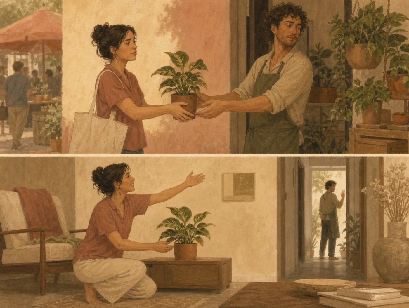 Two panels: a woman doubtfully accepts a plant from a distracted nursery worker; later, delighted with it at home, she thanks him across the distance.