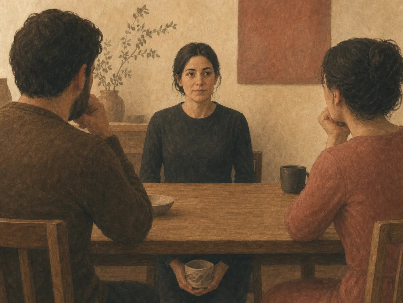 A woman presenting at a table keeps a composed face while her hidden hands grip a small cup tightly; the two listeners watch calmly, noticing nothing.