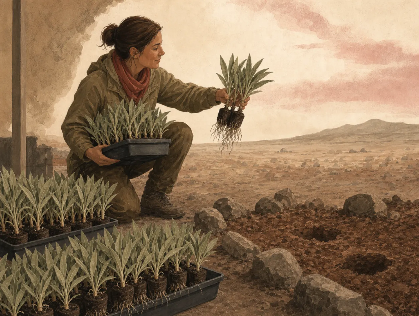 Illusion of validity: a tidy match that predicts nothing about survival A planter admires a neatly matched clump of seedlings with shallow bare roots, from a tray of identical ones, a harsh rocky plain behind her.