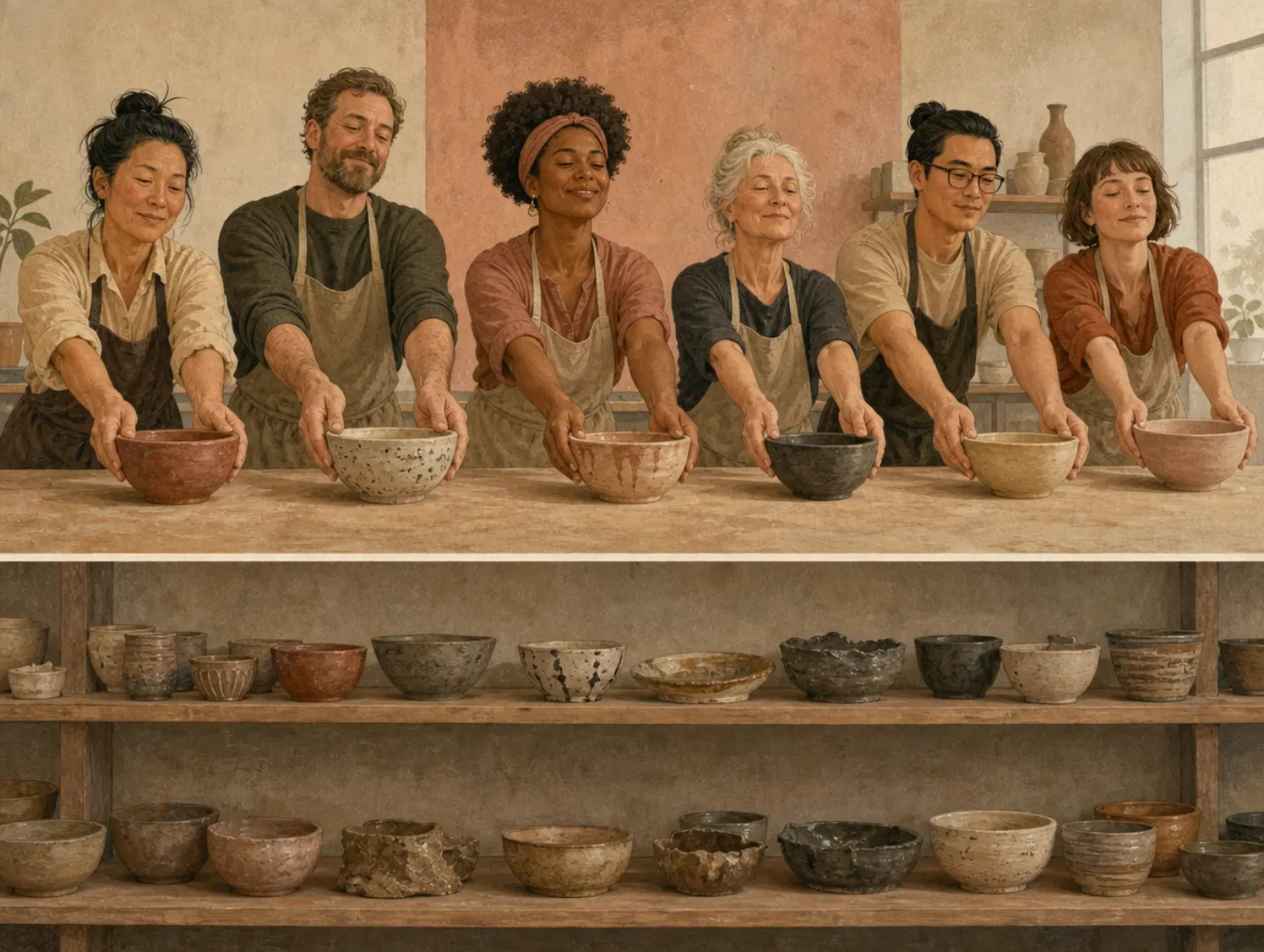 Six pottery students each hold their own bowl forward with the same proud expression, while the shelves of bowls beneath show plainly varied quality.