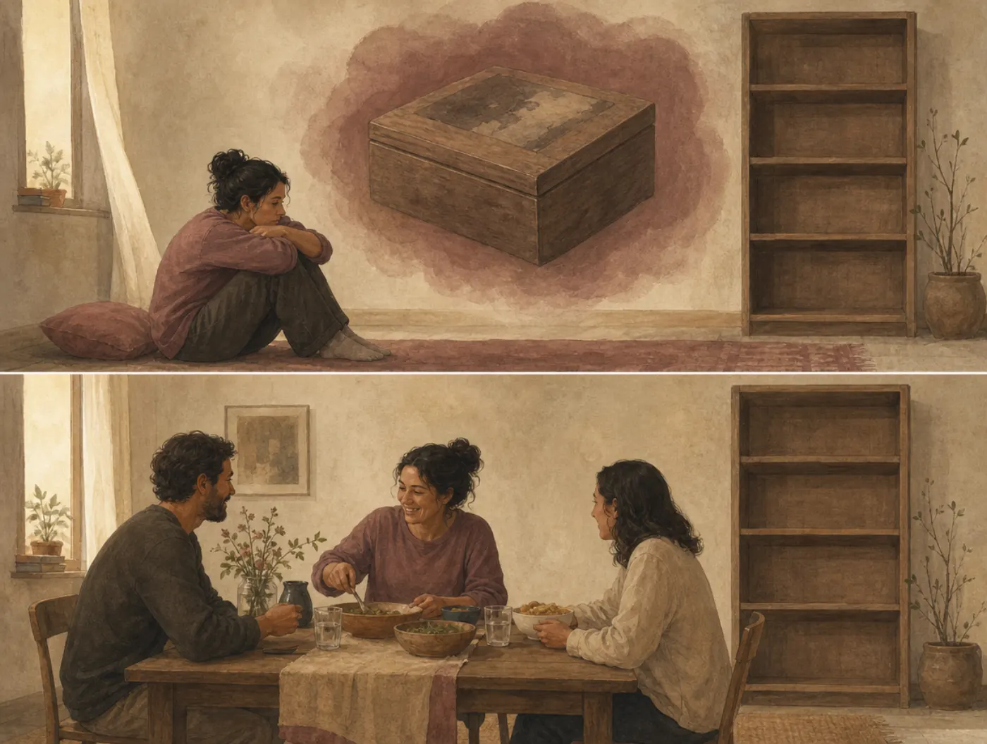 Two panels: a woman sits hunched as a lost keepsake box looms huge in her mind; later she laughs over dinner with friends, its shelf still empty.