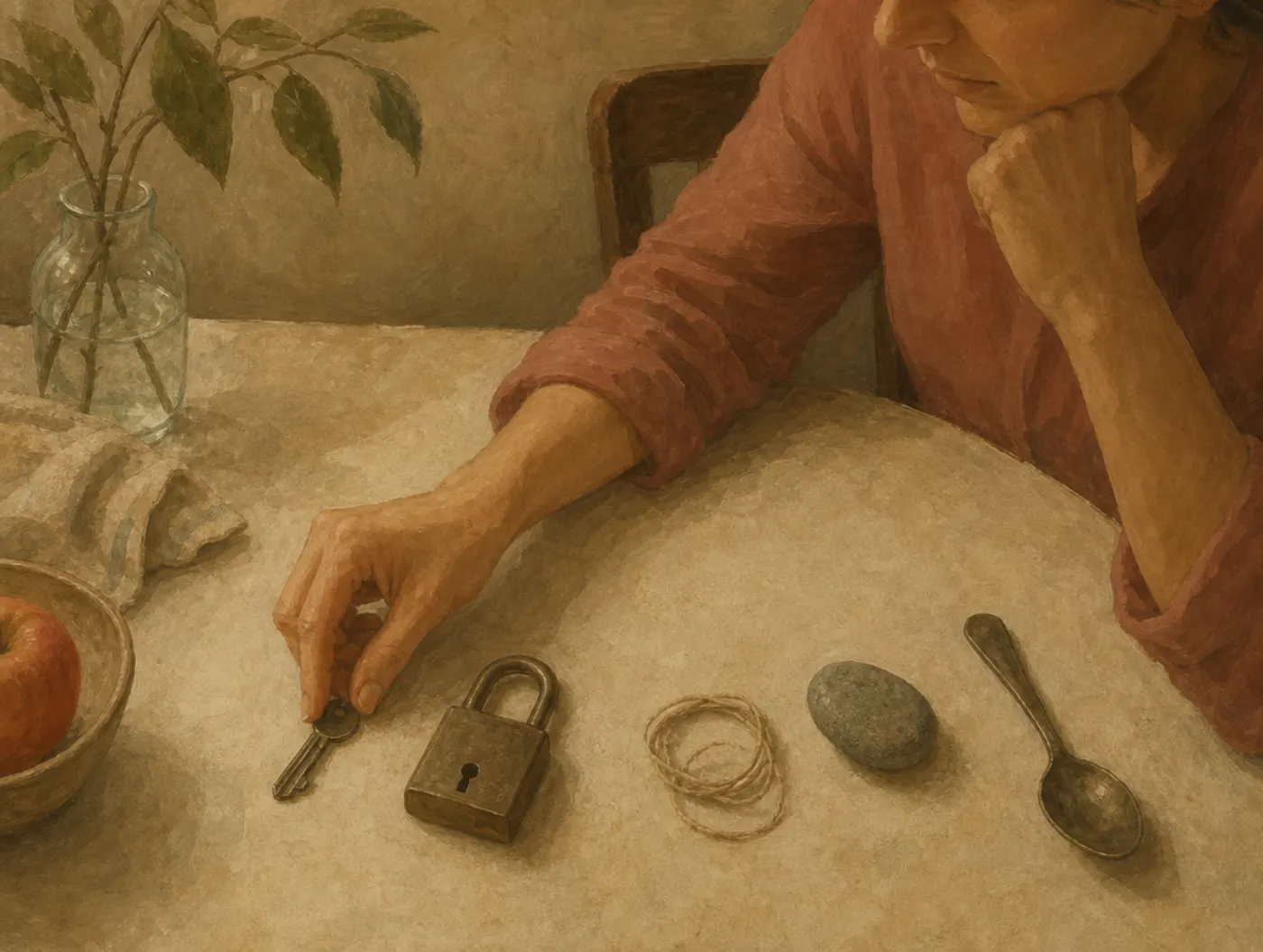 A woman's hand sets a key beside a padlock without pausing, while a loop of string, a pebble and a spoon lie nearby as other possible partners.