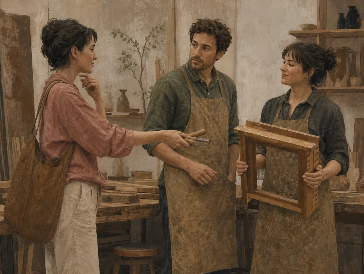 A visitor offers a chisel to the male woodworker while the female woodworker, in the same apron, holds the finished frame; the visitor pauses.