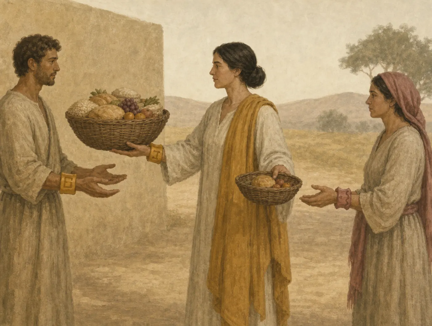 In-group favoritism: a full basket for the matching cuff A woman with an ochre cuff hands a heaped basket to a man with the same cuff while holding back a much smaller basket for a woman whose cuff is rose.